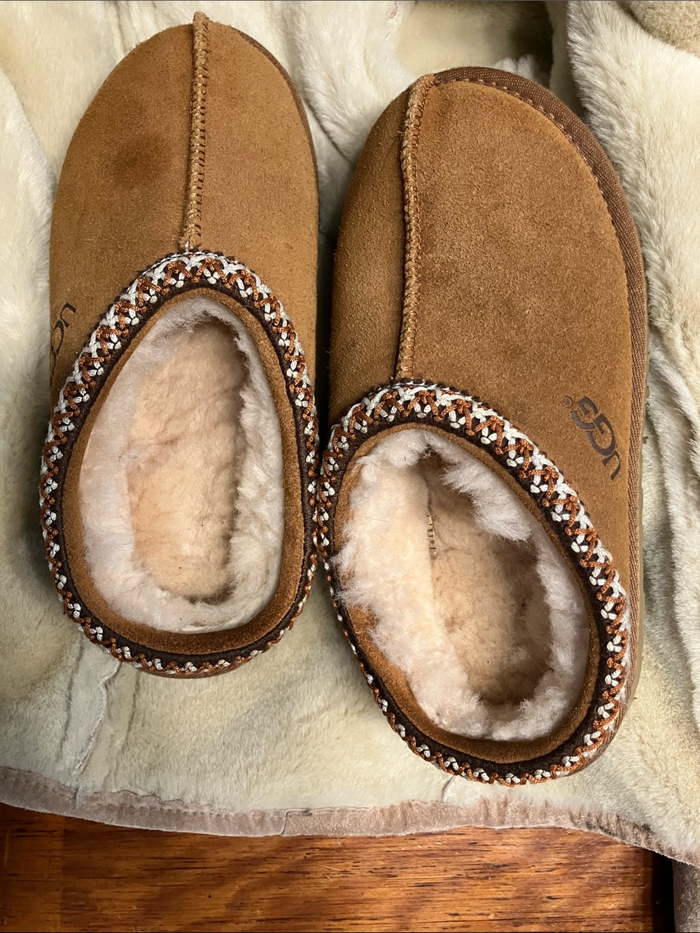UGG Women's Chestnut Suede Sheepskin Lined Slip-On Slippers with Braided Trim